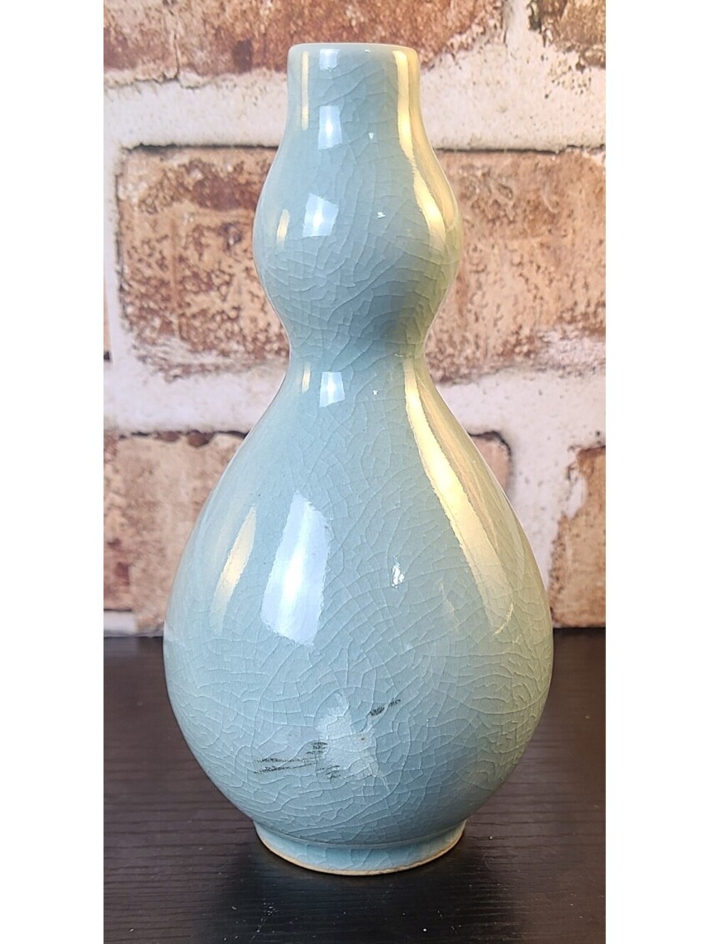 Vtg Celadon Crackle Glaze Double Gourd Vase Sz 6" Green Asian Chinoiserie Curio